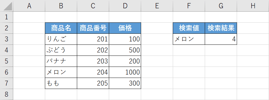 XMATCH関数の例