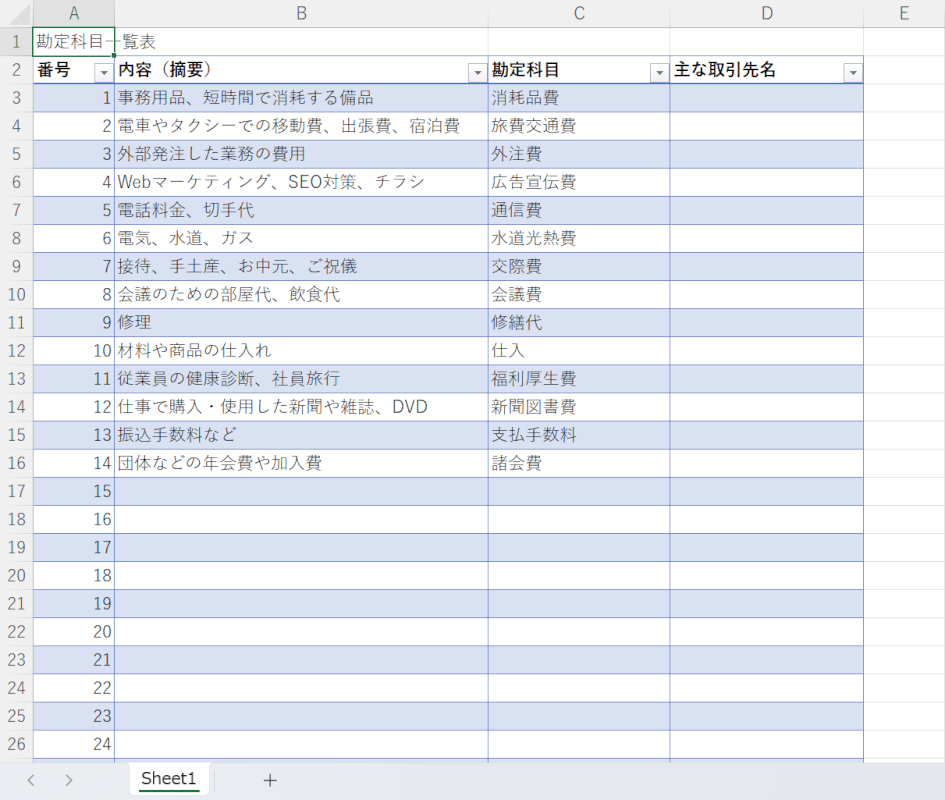 勘定科目一覧表テンプレート