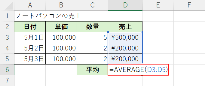 AVERAGE関数を入力する