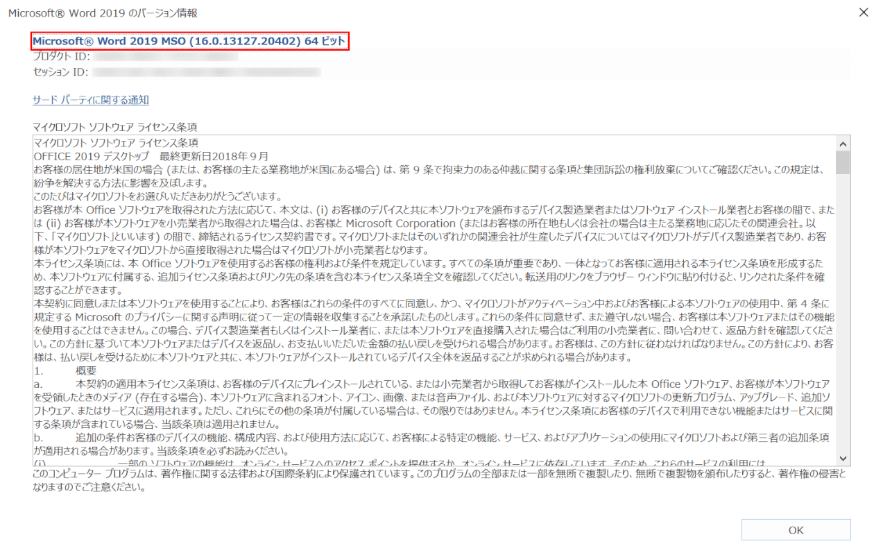 office-version home and business バージョン情報詳細