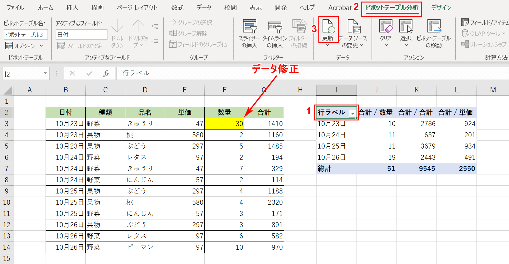 ピボット テーブル 更新 されない