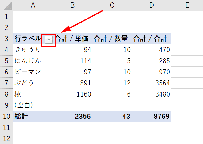 行ラベルをクリック