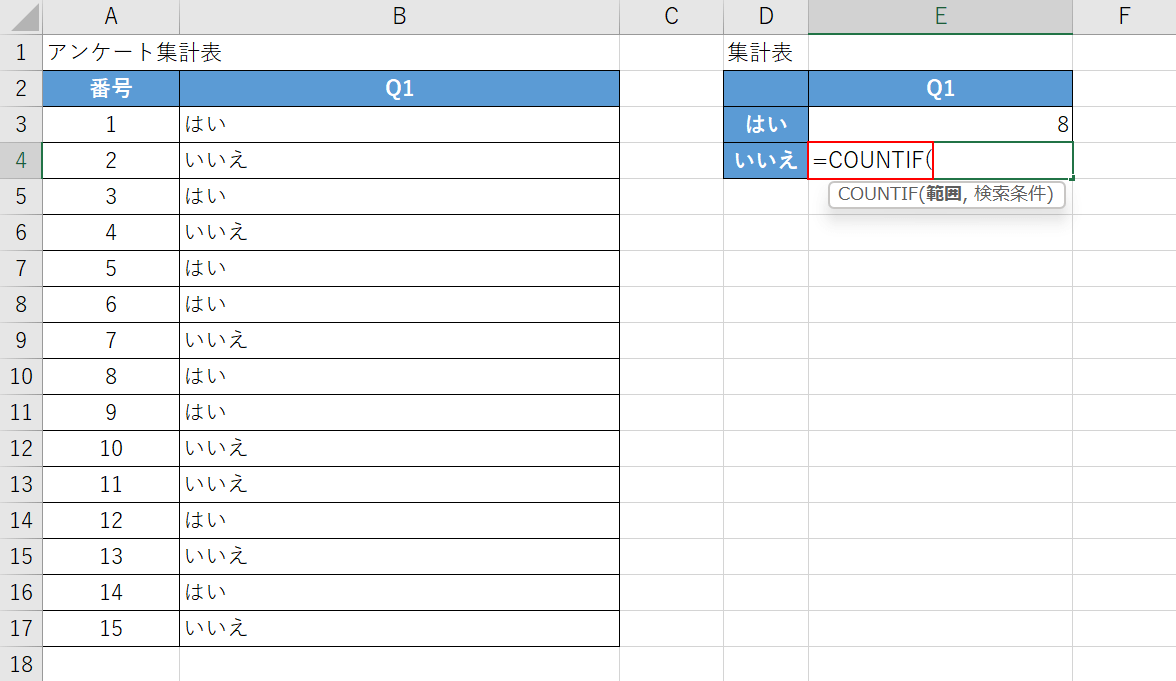 COUNTIF関数を入力