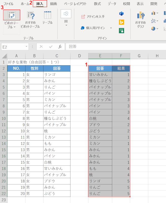 コピーした結果でピボットテーブルを作成する