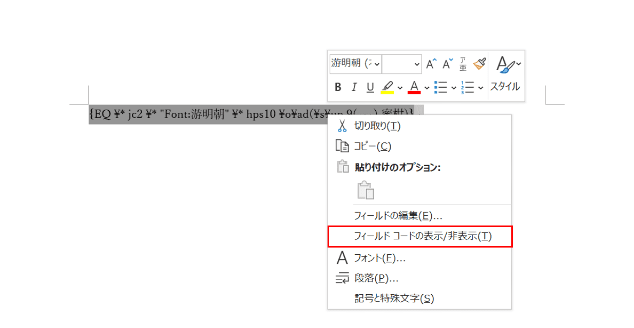 フィールドコードの表示 非表示