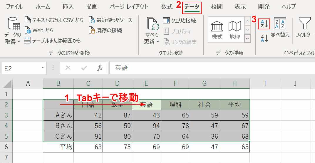 並び替える列の選択