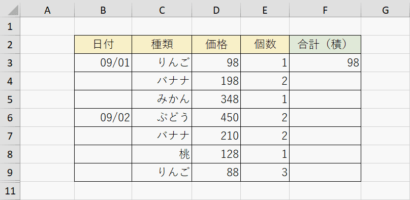 PRODUCT関数の計算結果