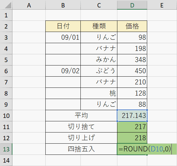 ROUND関数の範囲指定