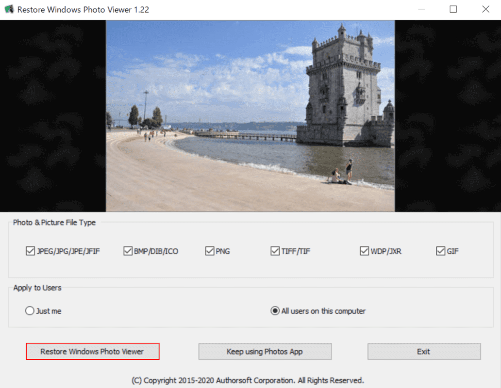 Restore Windows Photo Viewerの起動画面
