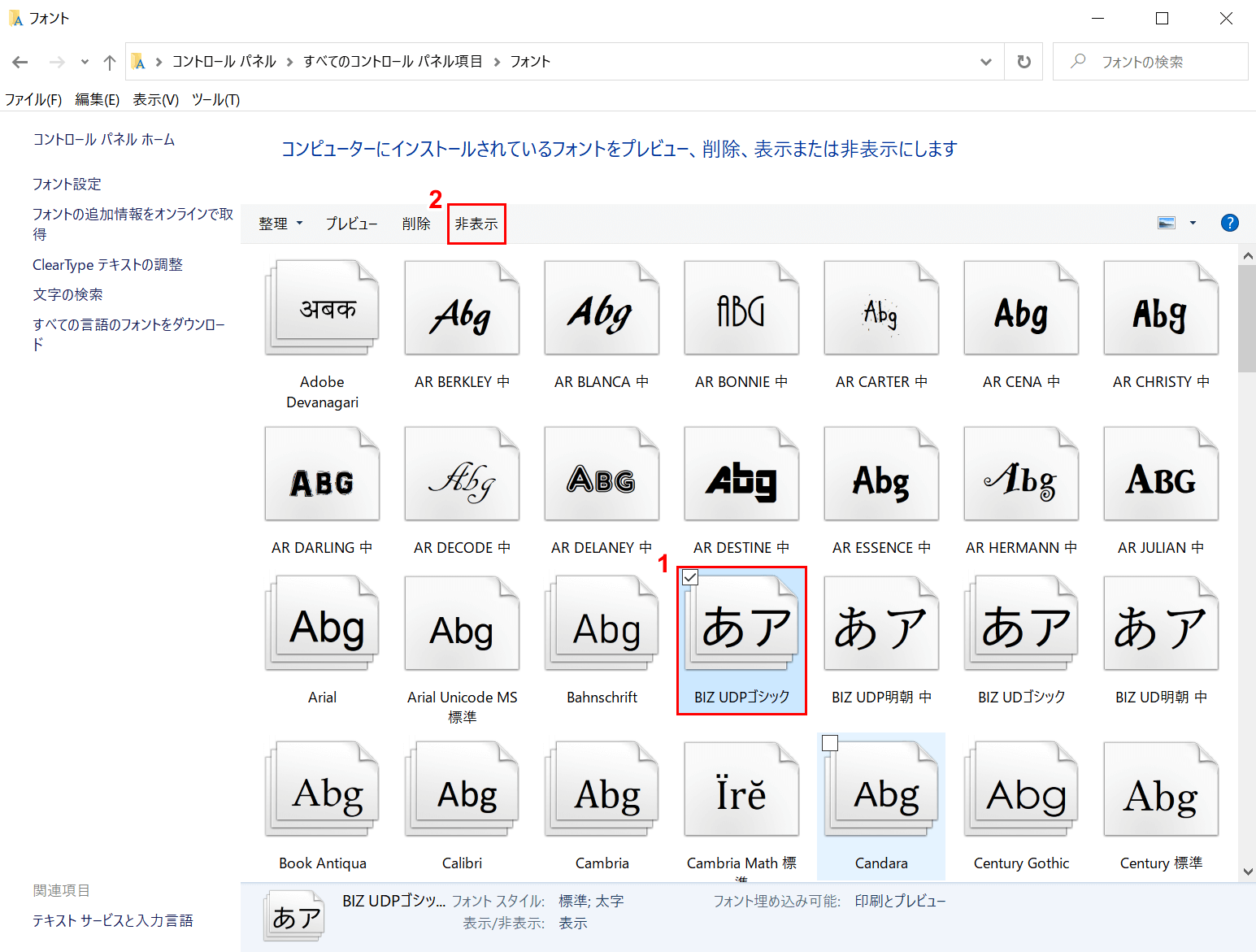 フォントの非表示