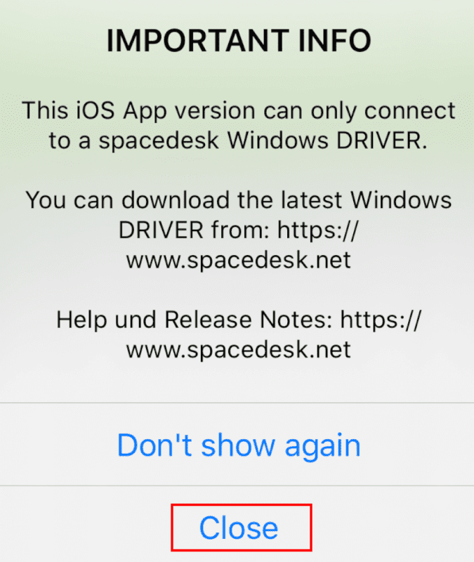 spacedeskをインストール、iphone、Close