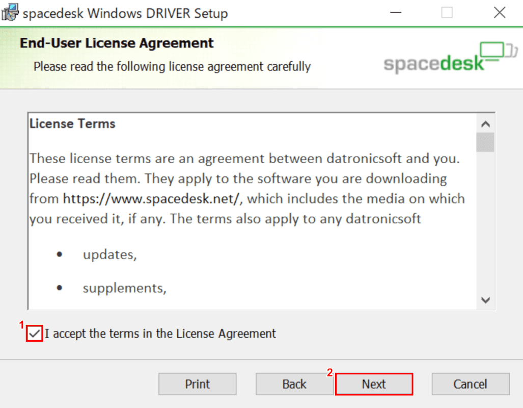 spacedeskセットアップ、ライセンスの同意