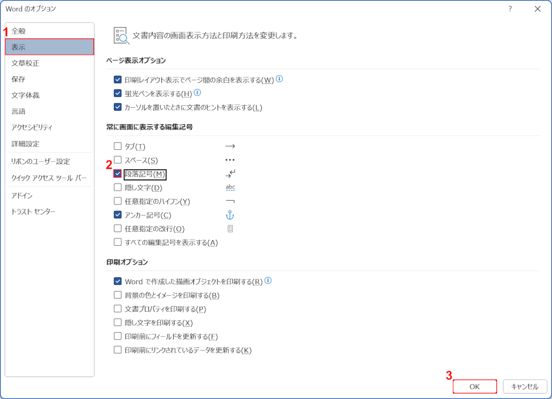 段落記号にチェックマークを入れる