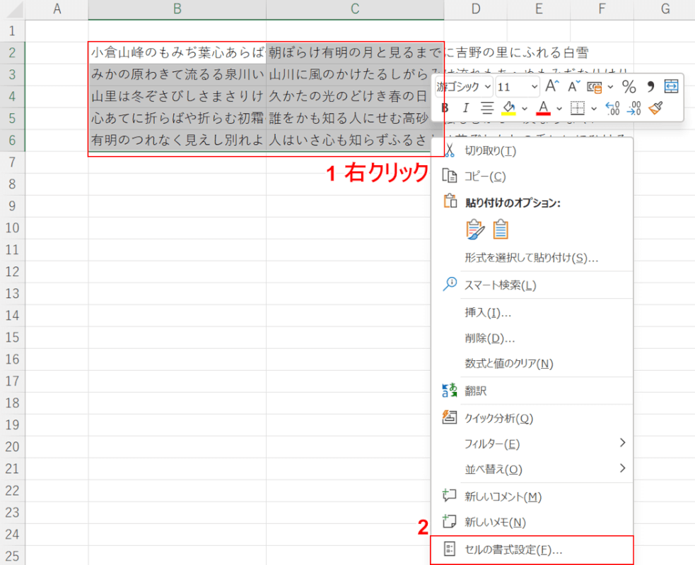 セルの書式設定を選択